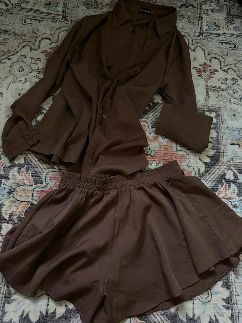 Pretty Little Thing Brown Women's Elastic Waist Flared short and button up top